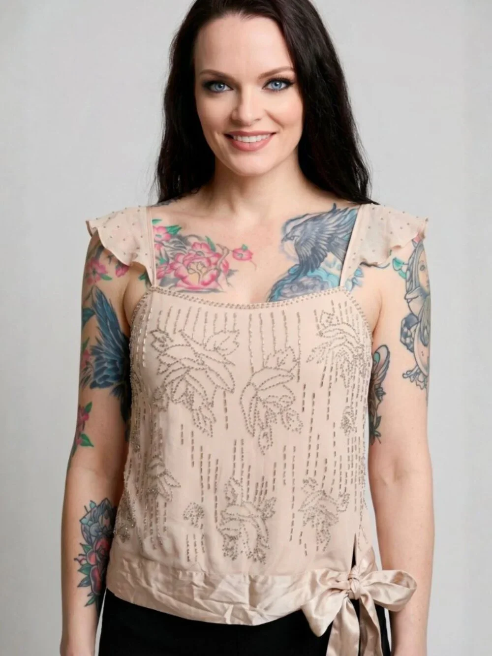 Express ✦ Silk Ruffle Sleeve Blouse ✦ Side Tie Beaded Embellished Floral XS - Picture 1 of 11